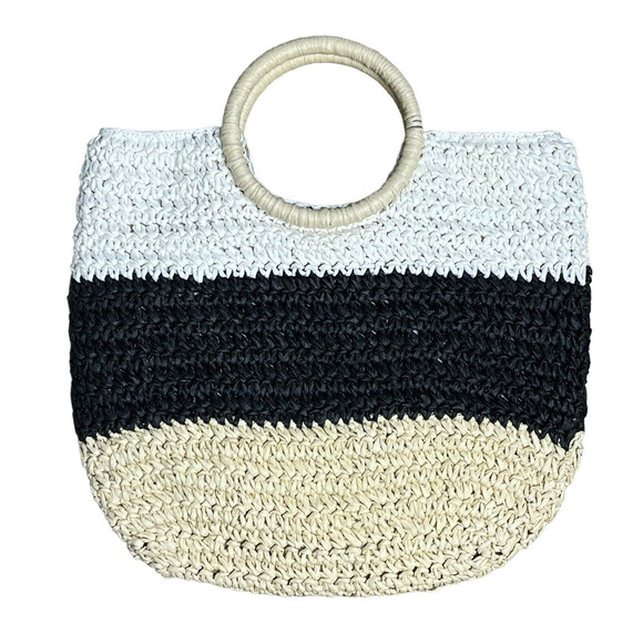 Talbots Hand Crochet Straw Circle Handle Tote Bag Colorblock Brown Cream Tan NEW - Picture 2 of 9